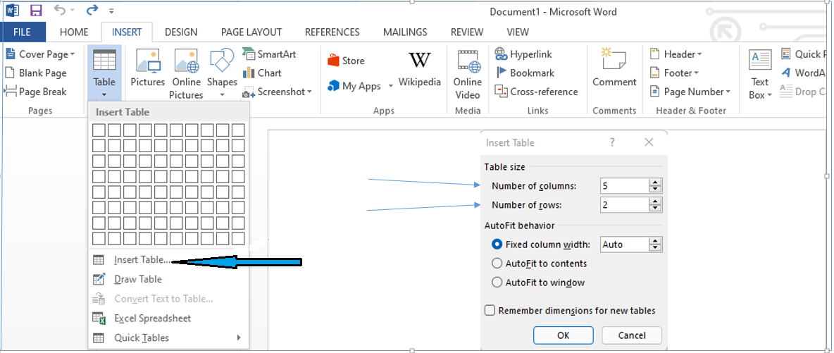 Create and insert table in a word document